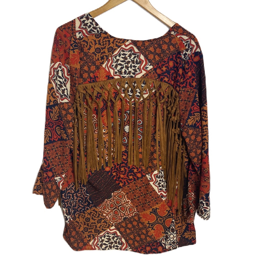 Earthbound Multicolor Patchwork Fringe Detail Kim… - image 2